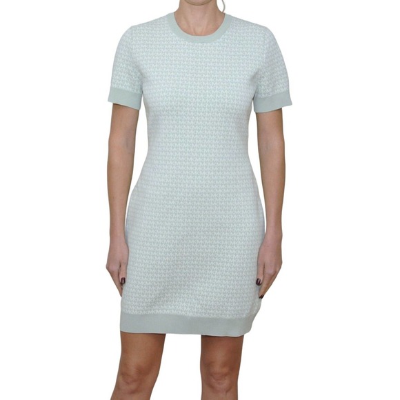 Michael Kors Logo Jacquard Dress Short Sleeve Crew Neck Jade/Green L Nwt$225 - Picture 1 of 5